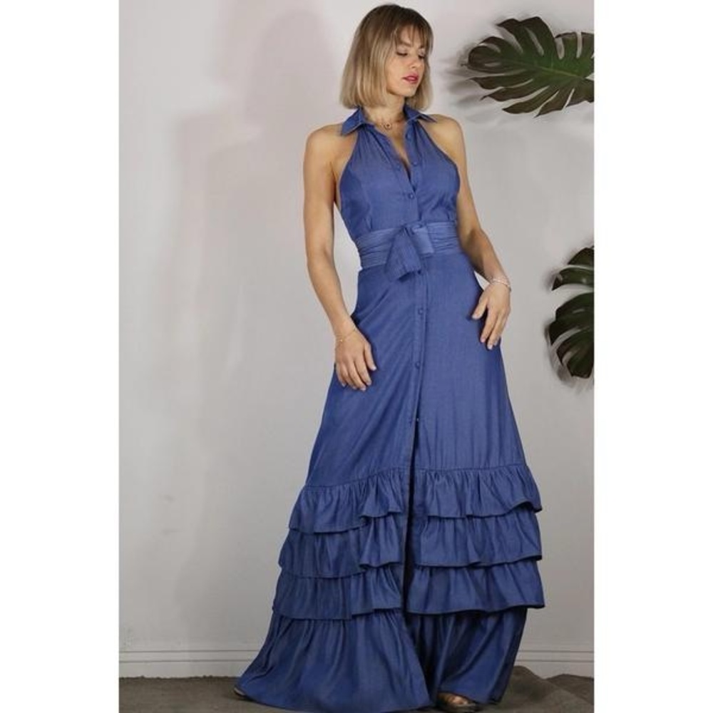 Elegant Blue Halter Maxi Dress